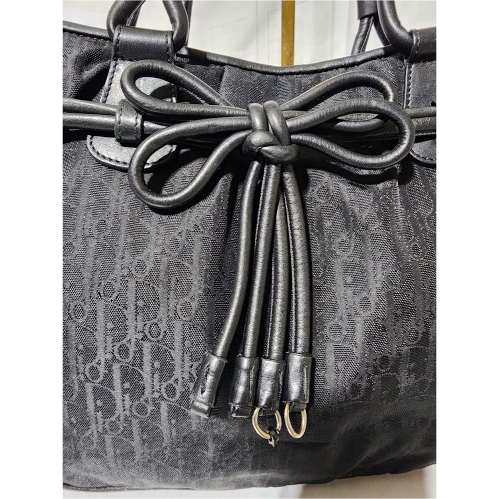 Authentic CHRISTIAN DIOR Trotter Canvas Bow Small Tote Bag Black - Picture 6 of 12